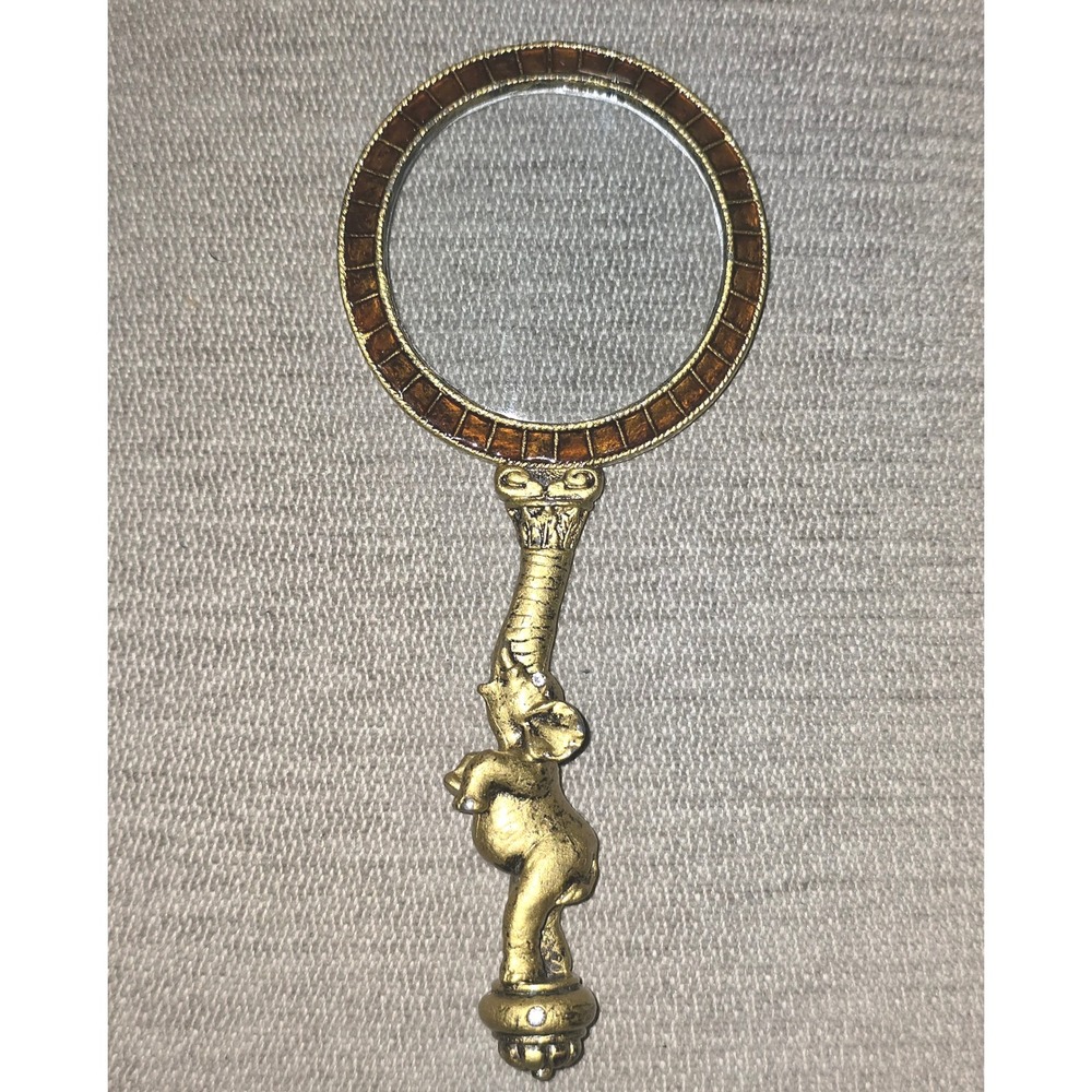 Vintage Brass & Enamel Elephant Magnifying Glass with Rhinestones